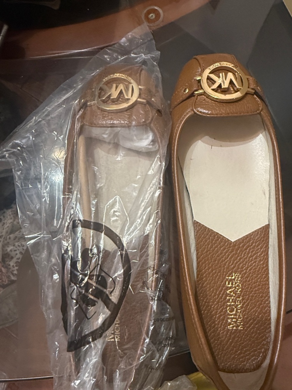 MICHAEL Michael Kors Tan Leather Logo Ballet Flats